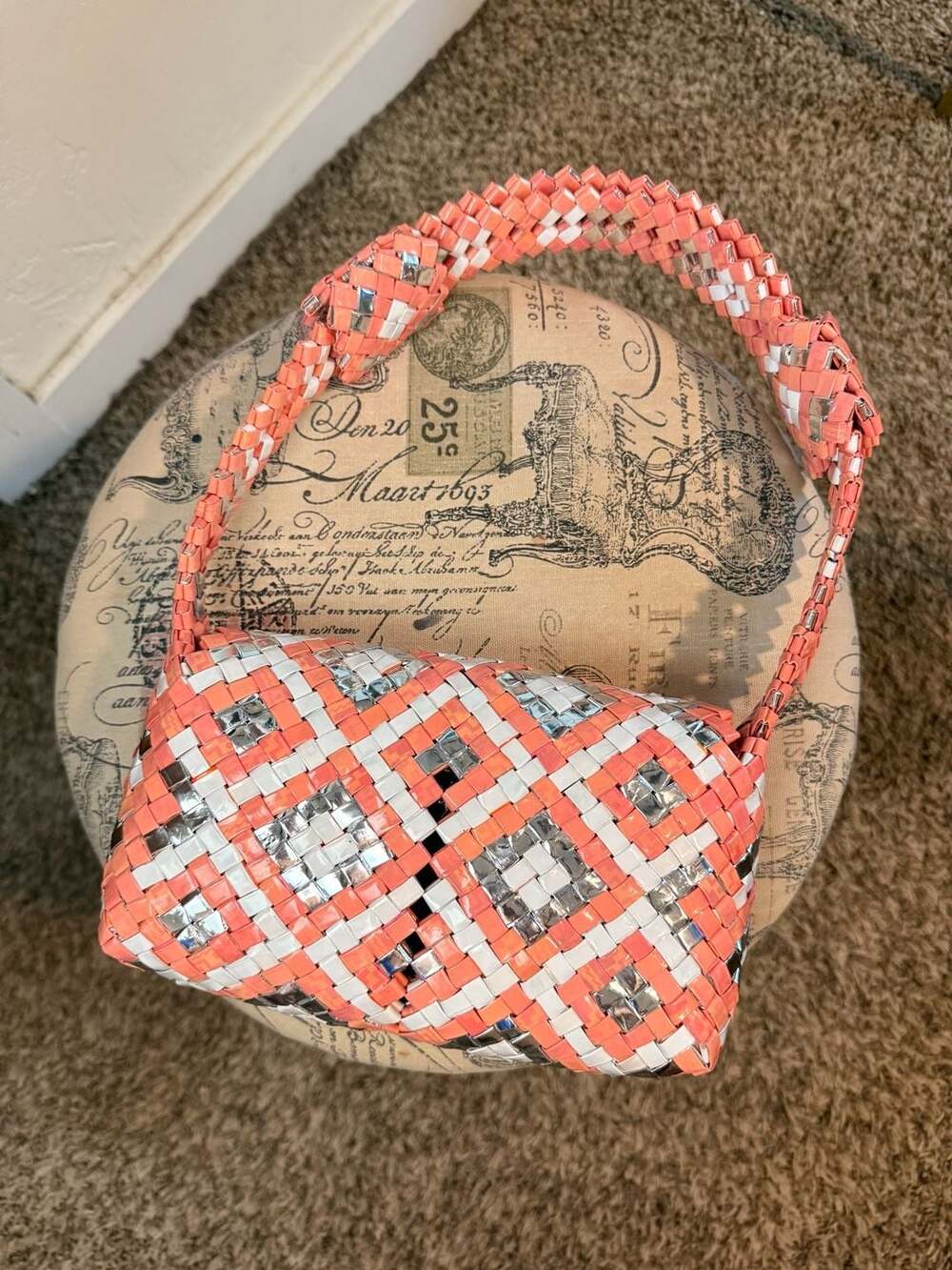 Y2K Candy Wrapper Style Woven Shoulder Bag Coral Pink Silver Mini Purse - Picture 2 of 3